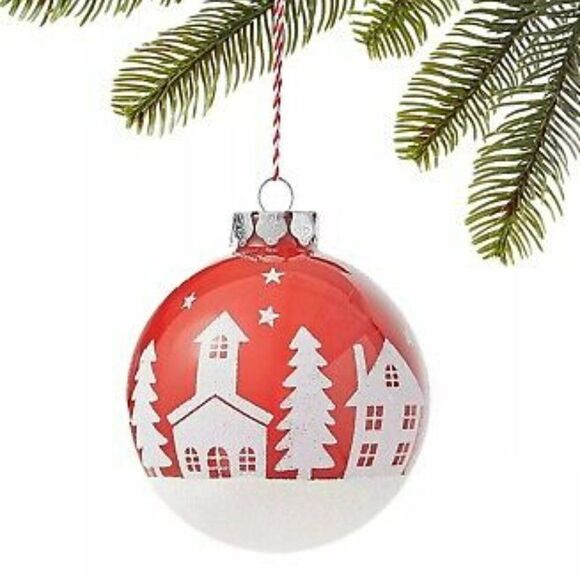 Holiday Lane Other - HOLIDAY LANE Santa's Favorite Glass Red Ball with White House & Tree Pattern